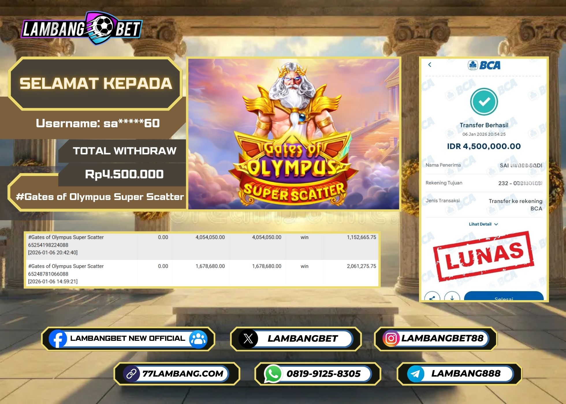 LAMBANGBET [6 JANUARI 2025] JACKPOT SLOT Gates of Olympus Super Scatter "Rp4.500.000" LUNAS